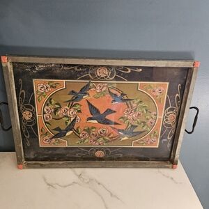 Vintage Tray with Bird and Floral Design